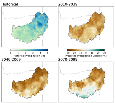 Model median historical (1950-2010) total late summer precipitation and projected percent change