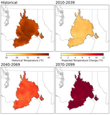 Figure 1. Model median historical (1950-2010) and future projections of summer maximum temperature change for three periods 
