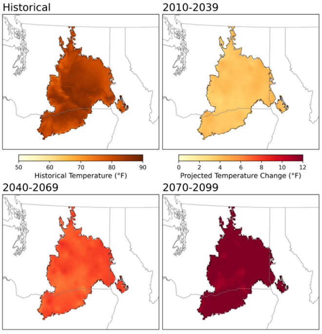 Figure 1. Model median historical (1950-2010) and future projections of summer maximum temperature change for three periods 