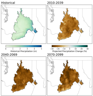 Figure 2. Model median historical (1950-2010) total late summer precipitation and projected percent change for three future periods 