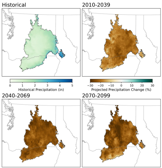Figure 2. Model median historical (1950-2010) total late summer precipitation and projected percent change for three future periods 